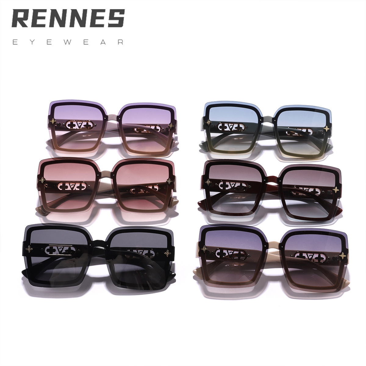 Nuevos accesorios de trébol de cuatro hojas con marco hueco transfronterizo Gafas de sol de moda Gafas de sol de protección UV para exteriores para PC coreanas