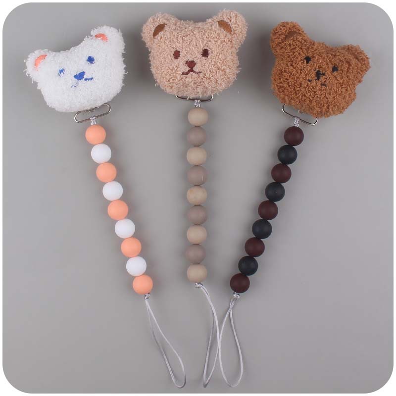 Nuevo bebé de dibujos animados de felpa cabeza de chupete clip calmante bebé DIY silicona mordida Cadena de chupete cadena anti-gota