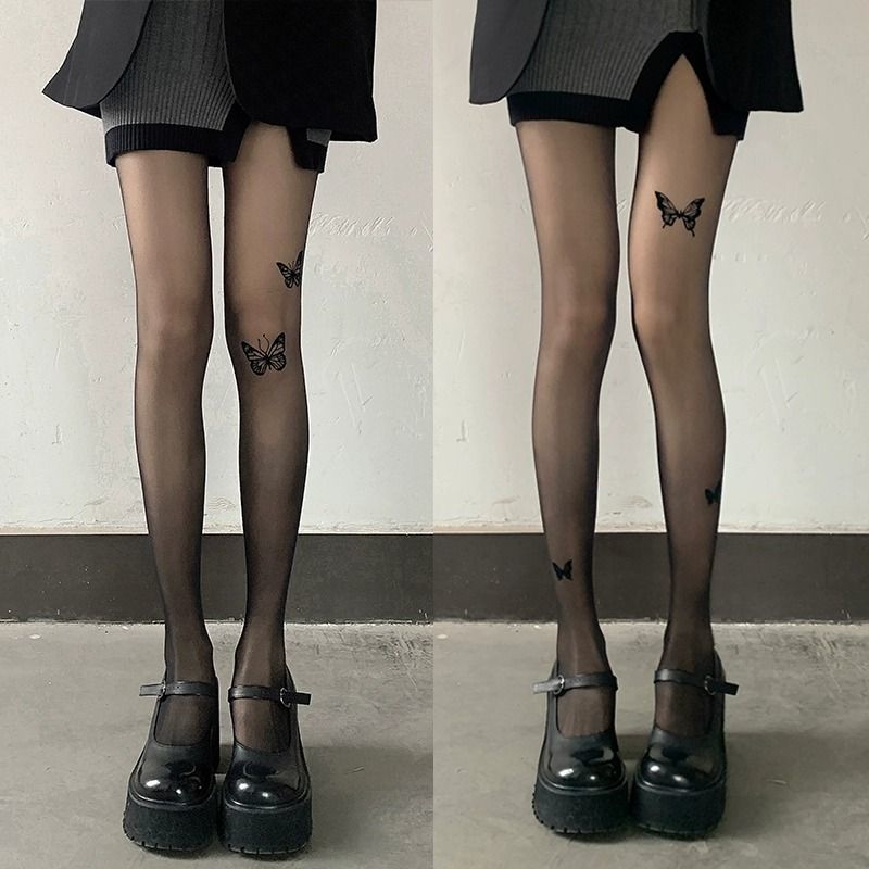 蝴蝶丝袜美拉德纯欲风女春秋连裤袜黑丝印花肉色打底裤防勾丝