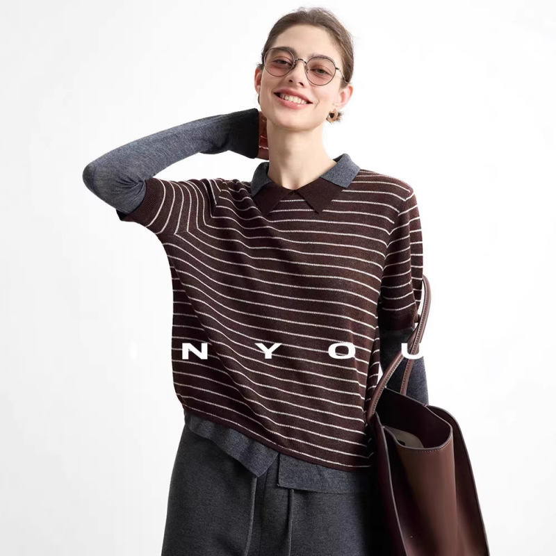 Design-Inspired Striped Niche Versatile Soft Merino Wool Textured Faux Two-Piece Striped Knit Sweater for Women