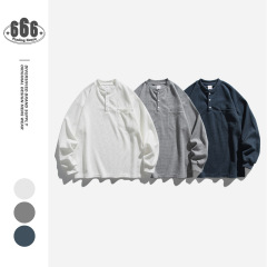 Orderliness アメリカンレトロヘンリーカラーワッフルトッププルオーバースウェットシャツメンズルーズボトムシャツ WY670