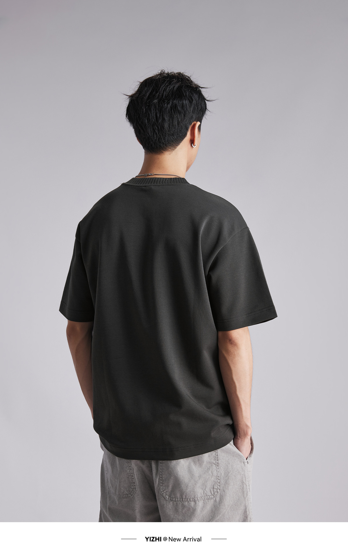 Áo thun nam cổ tròn chất liệu cotton dày 260g, thiết kế vai nối, phong cách lịch lãm — đen chi tiết 14