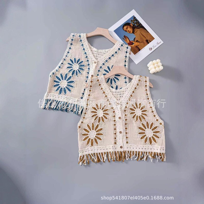 Casual Korean Style New Hollow Crochet Vest Embroidered Geometric Pattern Sleeveless Jacket Vest Waistcoat Vest