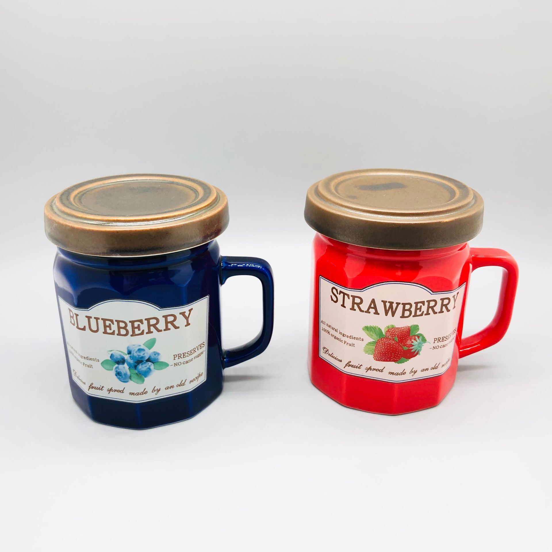 Retro lindo mermelada de fresa Taza de cerámica mermelada de arándanos Taza de cerámica con tapa Taza de cerámica titular de la pluma
