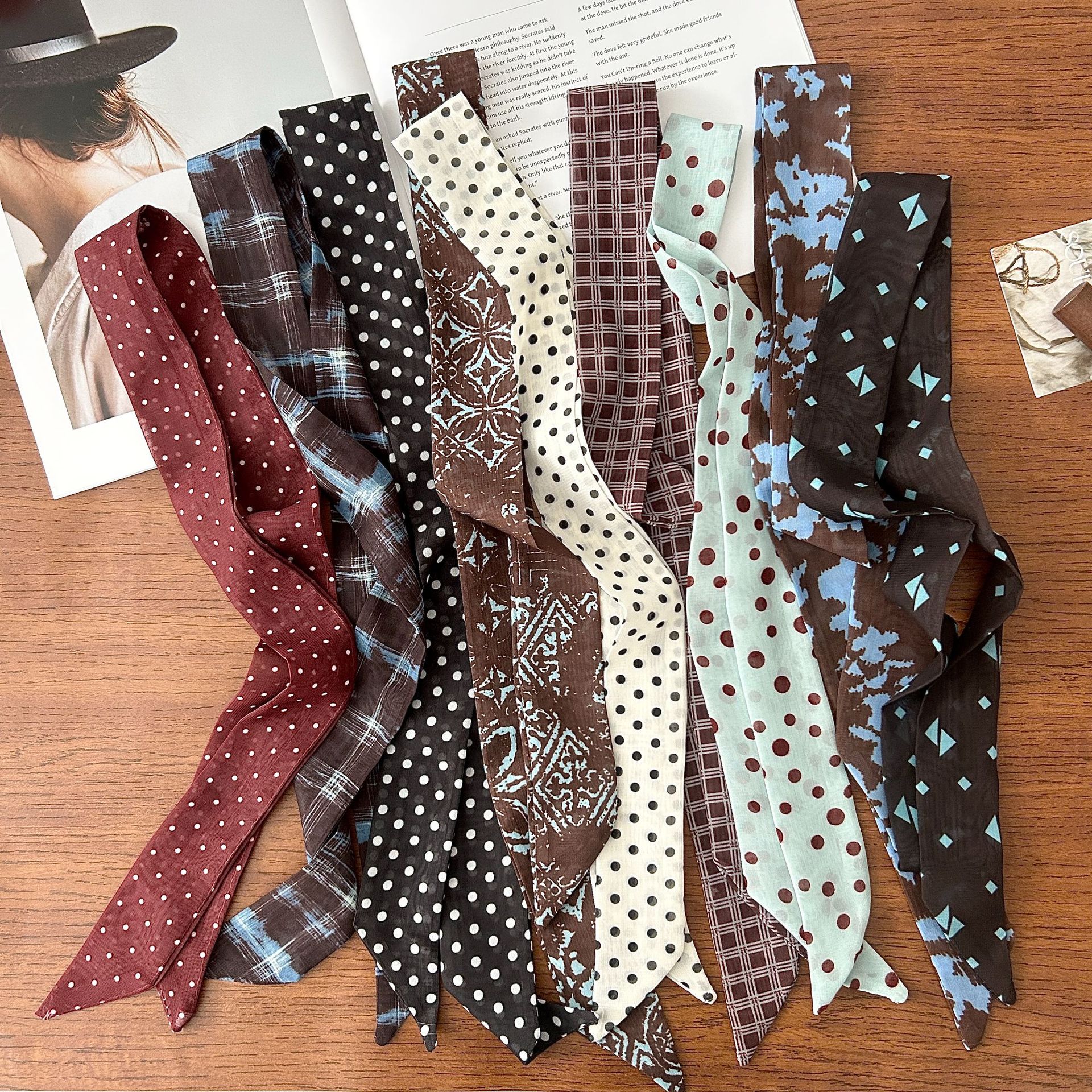 Qadın üçün uzun nazik ipək şərf, polka nöqtəli və plaid naxışlı