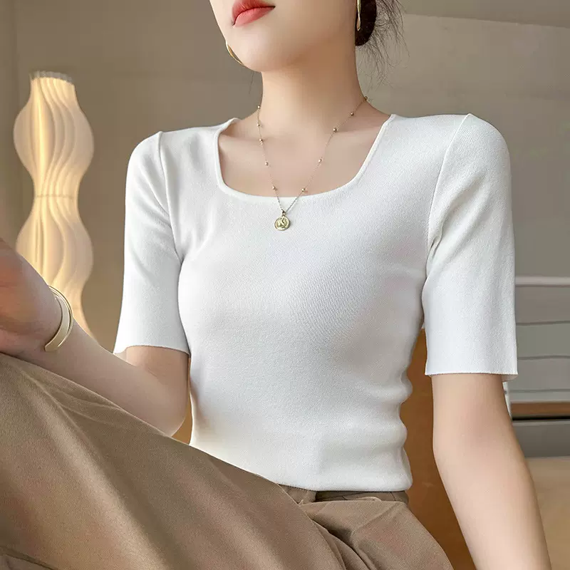 白色正肩短袖t恤女夏冰丝曲珠针织衫显瘦设计感小众短款别致上衣