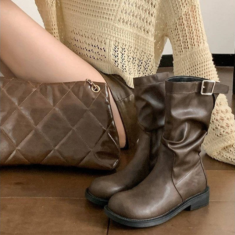 Retro Velvet-Lined Warm Mid-Calf Boots Brown British Style Short Boots for Women 2025 New Style This Year's Popular Martin Boots for Women
