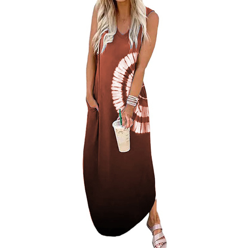 Print round neck Sleeveless loose slit Dress NSSI130448