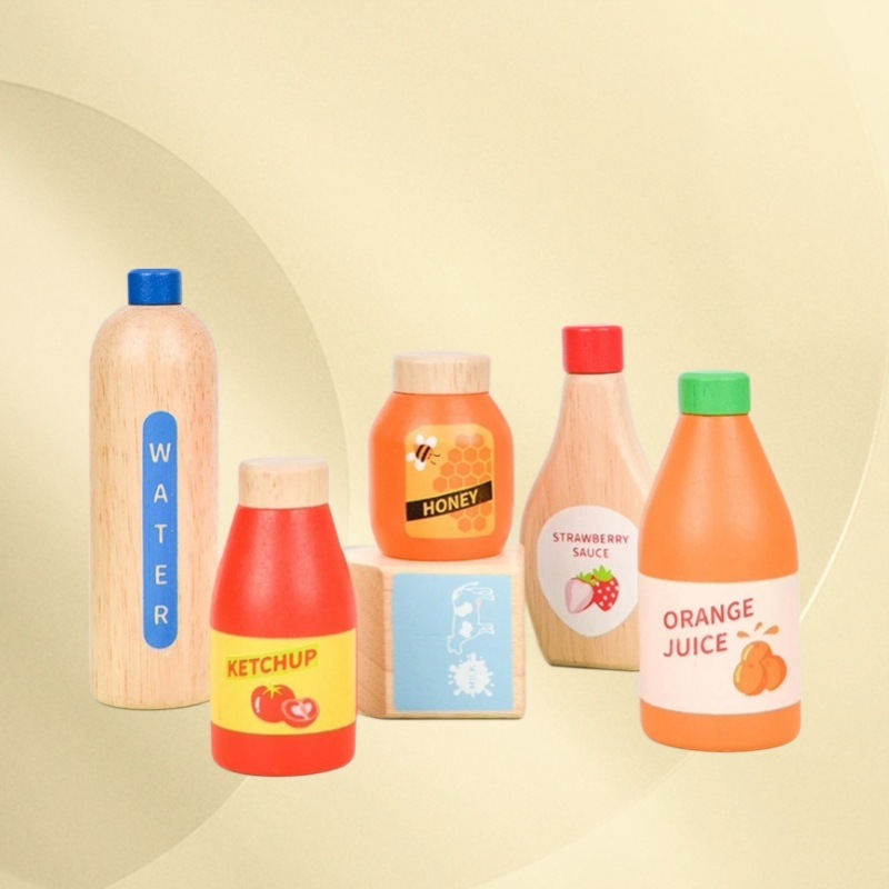 Wooden Children's Pretend Play Role-Playing Sales Game Bottles, Cans, Drinks, Food Sets, Seasonings, Educational Toys