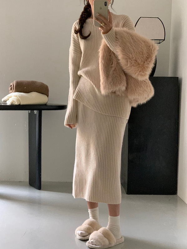 慵懒风宽松圆领毛衣半身裙套装女秋冬季软糯百搭针织衫两件套|undefined