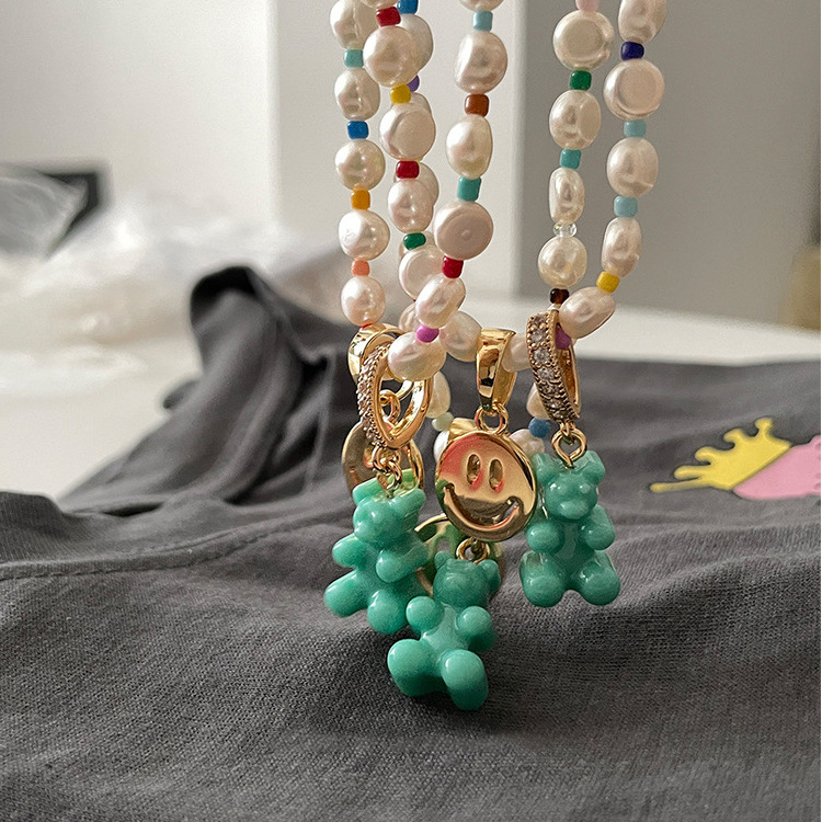 Fashion Bear Smiley Face Pearl Inlay Artificial Diamond Pendant Necklace 1 Piece