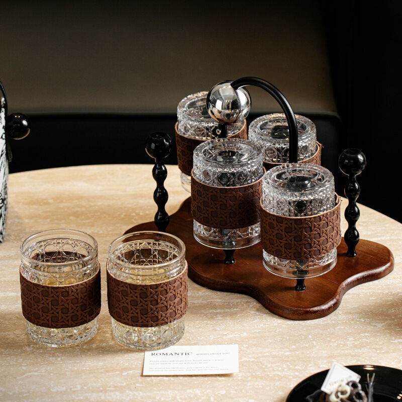 Glass Cup with Creative Rattan Pattern, Natural Wood Style, Super Beautiful Straight Cup with Cup Holder Tray Set, Holiday Gift