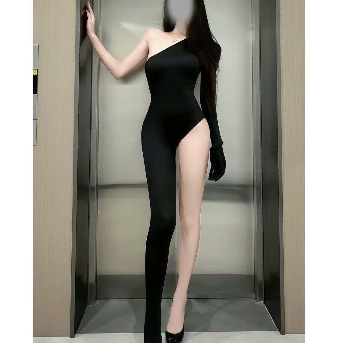 Black One-Shoulder Bodysuit Jumpsuit, Asymmetrical Adult Costume for Women — detail image 5