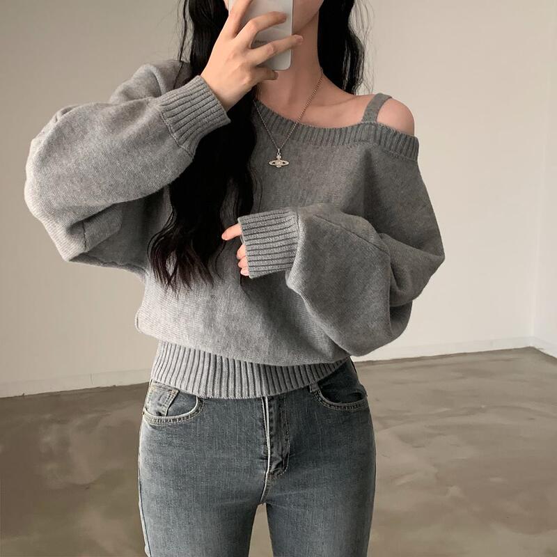Korean Chic Autum Retro Elegant Slope Collar Off-Shoulder Design Loose Casual Versatile Long-Sleeved Knitwear for Women Korean Chic Autum Retro Elegant Slope Collar Off-Shoulder Design Loose Casual Versatile Long-Sleeved Knitwear for Women