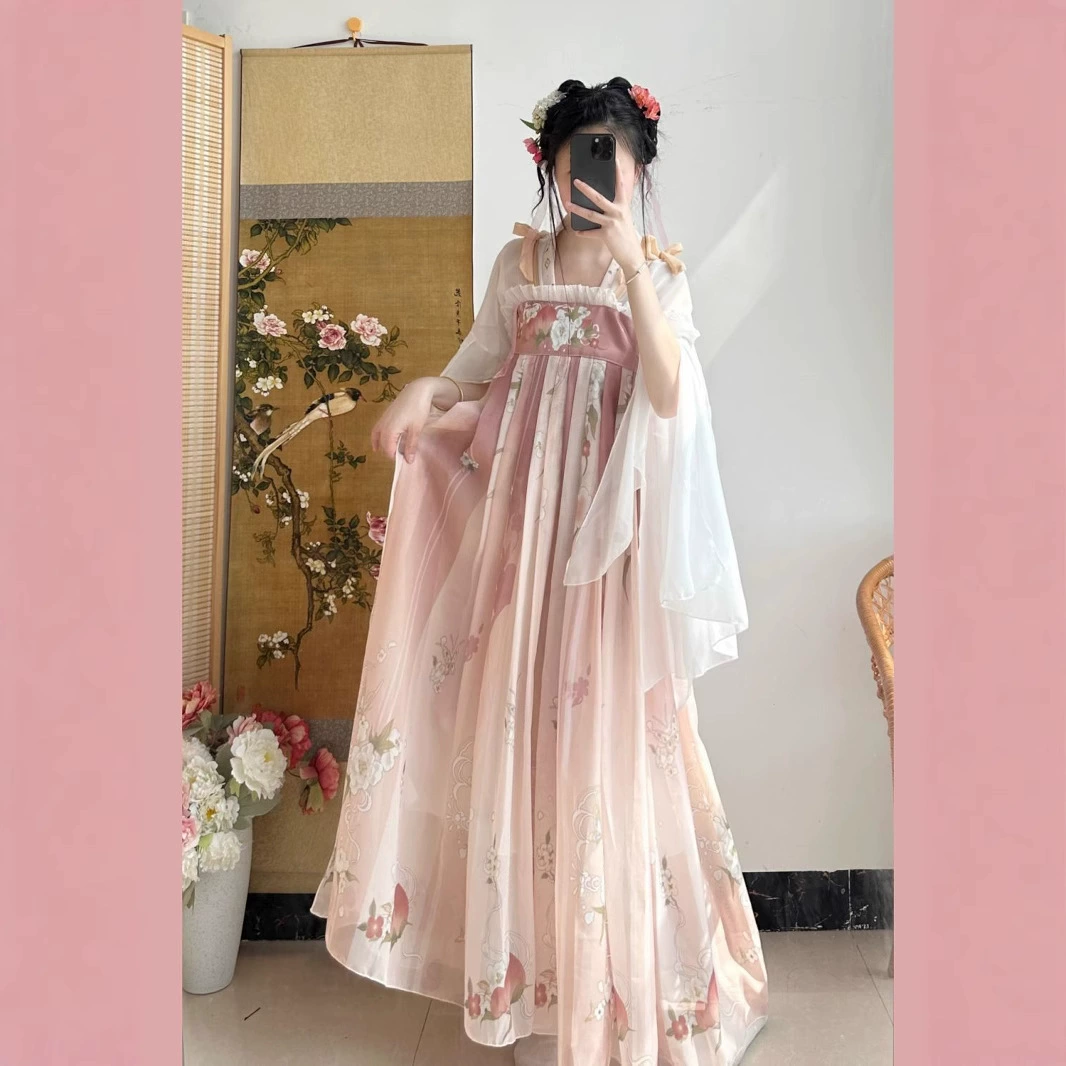 Hanfeng Yunxuan Original [Теплый персик] Женский комплект Hanfu длиной до груди с принтом династии Тан в сказочном стиле весна и лето.