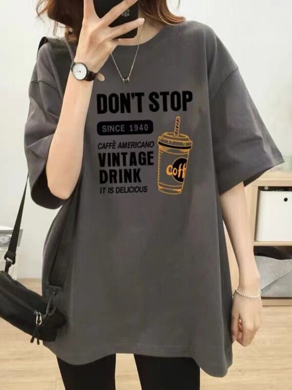 【Coffee Letters】 Summer Pure Cotton Printed T-Shirt for Women, Korean Style, Loose Fit, Round Neck, Unique Design, Niche Style Tee 【Coffee Letters】 Summer Pure Cotton Printed T-Shirt for Women, Korean Style, Loose Fit, Round Neck, Unique Design, Niche Style Tee