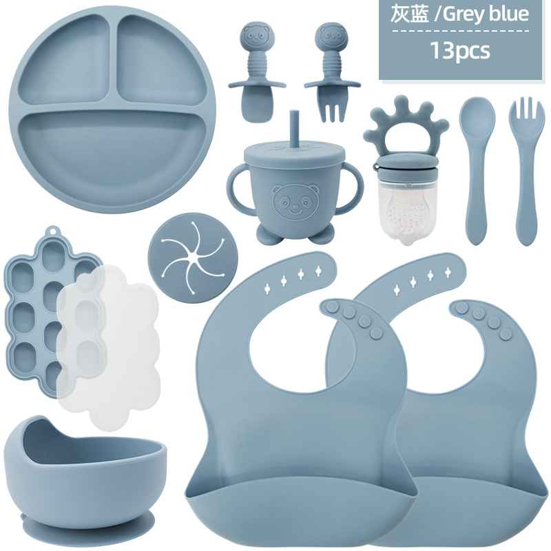 Juego de vajilla de silicona para niños transfronterizos Tazón de comida especial para bebés y niños pequeños Cuchara de silicona de grado alimenticio Juego completo de babero