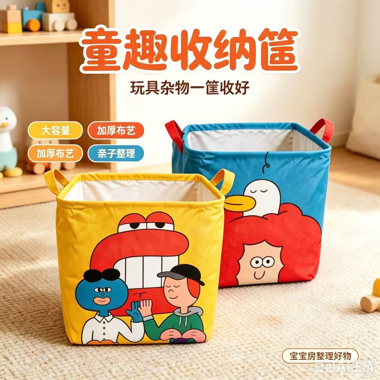 Children's cartoon storage basket, foldable fabric toy and miscellaneous item organizer, a great storage solution for baby's room, thickened for durability