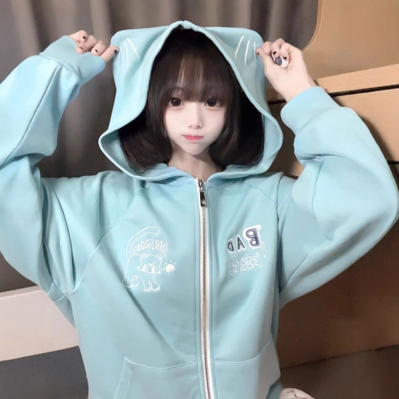 Japanese-Style Cute Cat Ear Hooded Sweatshirt Cardigan for Women, Autumn and Winter Anime Loose Fit Petite Fleece Jacket