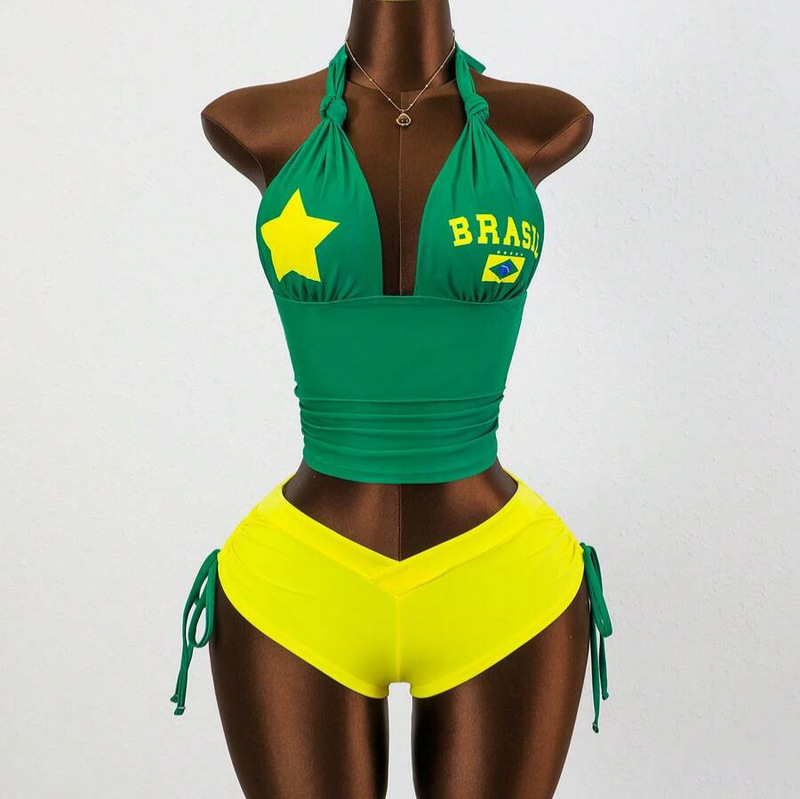 American Street Style Spicy Girl Design Halter Neck Tie-Up Tank Top Short Brazilian Print Slim Fit Pants Set for Women