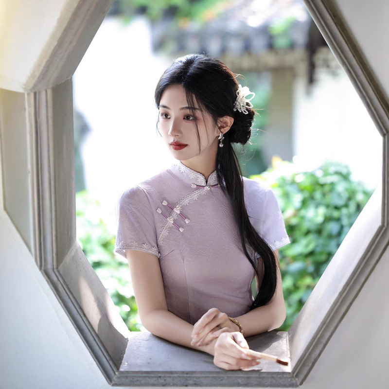 "Qing Meng" New Chinese Style Cheongsam 2025 Summer New Beautiful Temperament Girl Gentle Purple Dress