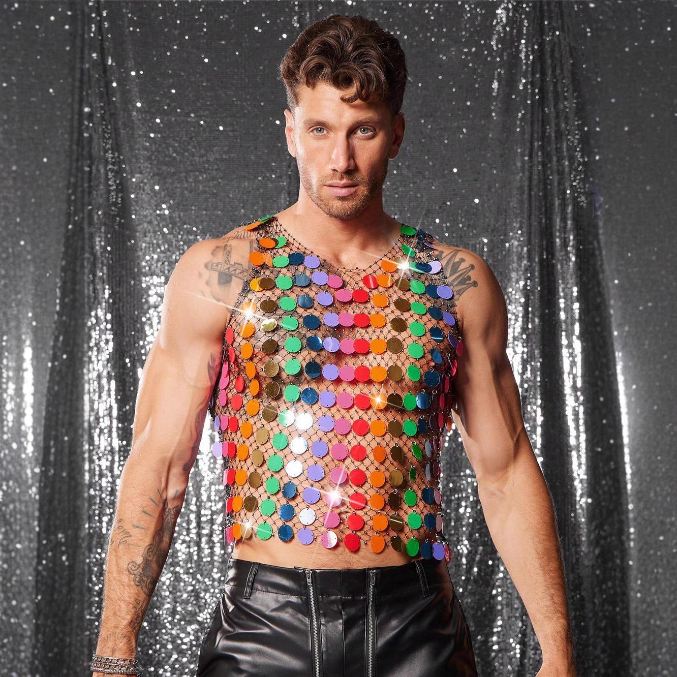 亚马逊新款欧美跨境女装彩色珠片男士镂空小背心夜店派对渔网上衣