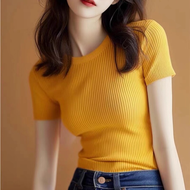Bright Yellow Striped Short-Sleeved Knitted T-Shirt for Women 2025 Summer New Slimming Look Top Chic Shirt