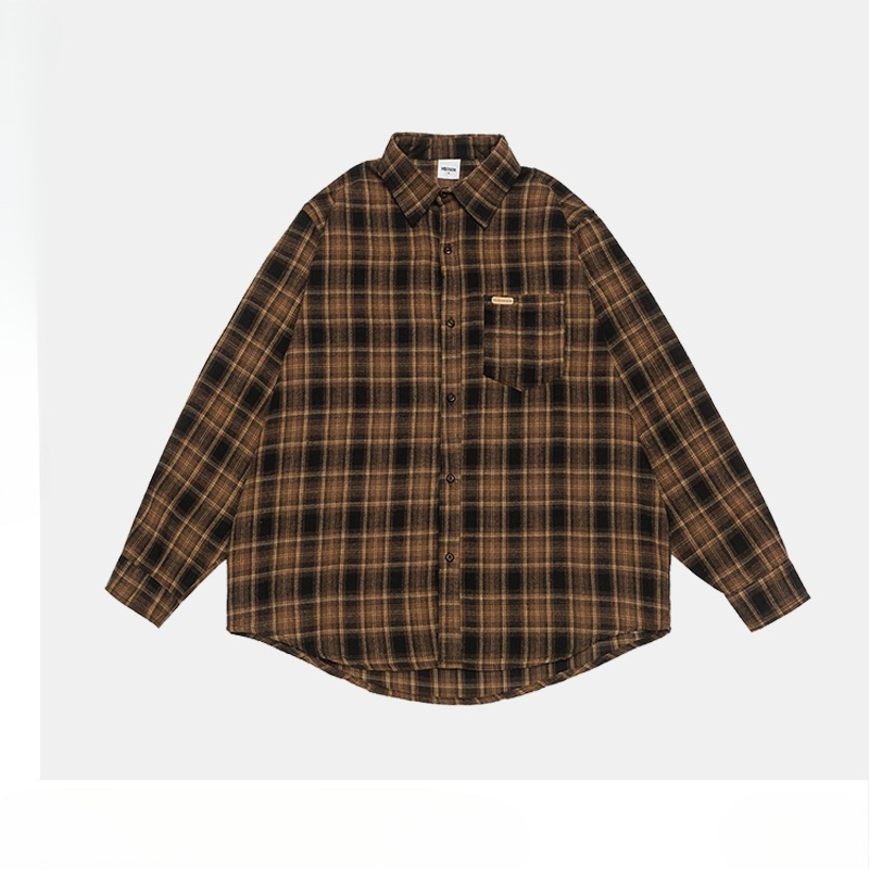 American Street Retro Plaid Shirt Jacket Men's Autum Loose Dropped Shoulder Sleeve Lapel Jacket Brown Gray No