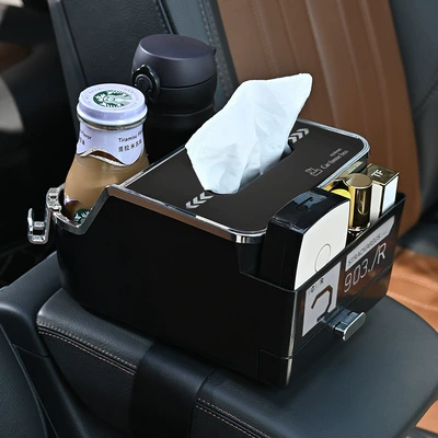 Factory car tissue box car tissue storage box water cup holder multi-function tissue box three-in-one car supplies (Car tissue box/set) - advanced-black-with-hook-upgraded
