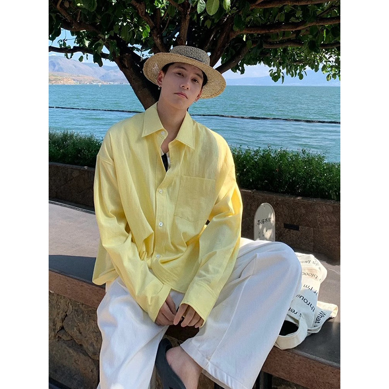 Cream Yellow Shirt for Men, Summer Beach Vacation Travel Outfit, Sun Protection Shirt, American-Style Dopamine Couple Jacket Cream Yellow Shirt for Men, Summer Beach Vacation Travel Outfit, Sun Protection Shirt, American-Style Dopamine Couple Jacket