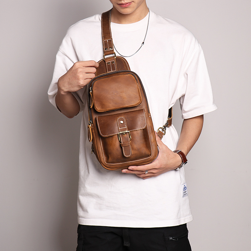 Luo Jia's new European and American retro men's crazy horse cowhide chest bag, outdoor sports large capacity crossbody bag, genuine leather men's bag