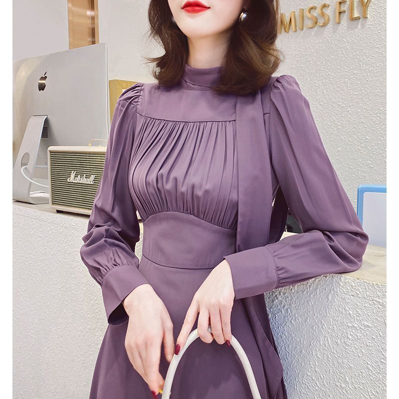 法式优雅连衣裙秋装2025年新款女韩版复古女人味压褶设计中长裙子|undefined