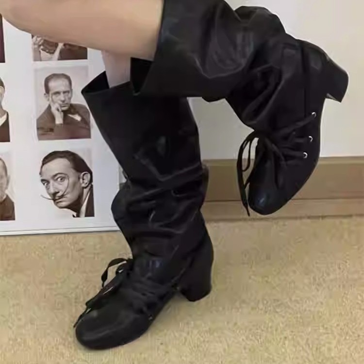 复古绑带新款小众设计感裤筒靴粗跟厚底长靴不过膝尖头系带骑士靴|undefined