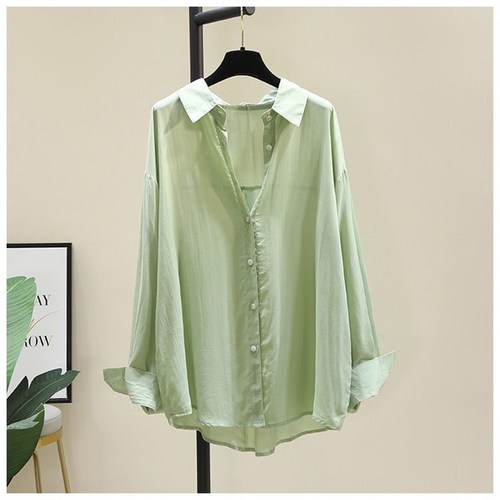Women's Spring Summer Korean Style Loose Casual Thin Long Sleeve Sun Protection Top with Outerwear Tencel Cotton Shirt