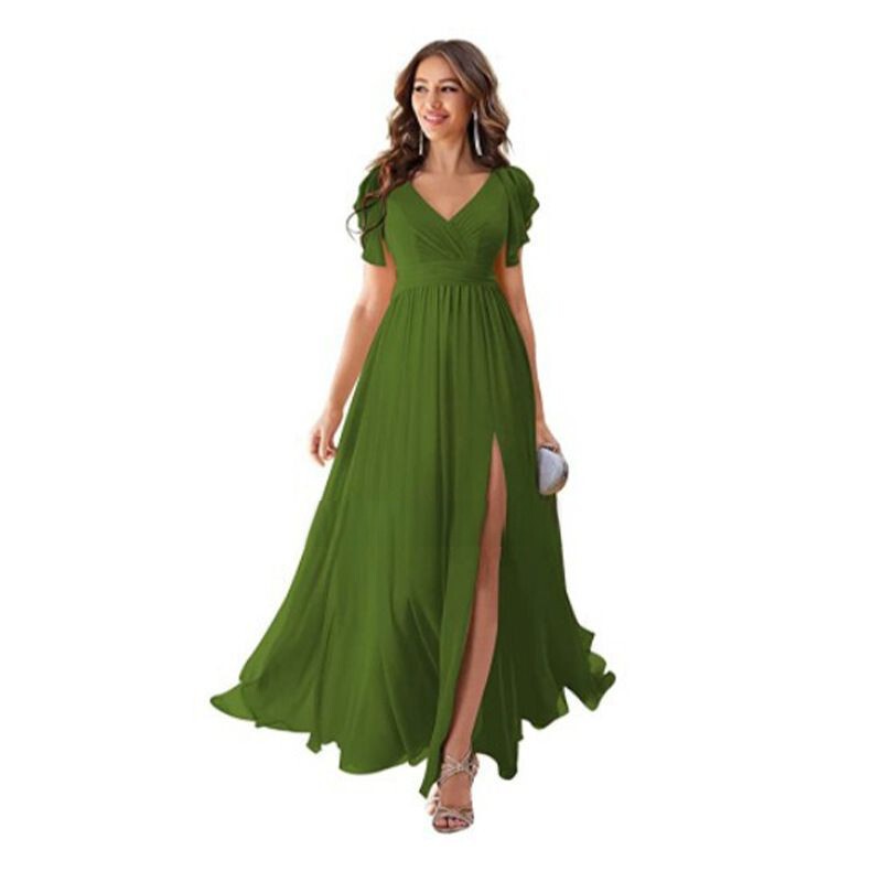 Ruffle Sleeve Split Chiffon Bridesmaid Dress Long V-Neck Formal Chiffon Long Dress Cocktail Party Evening Dress