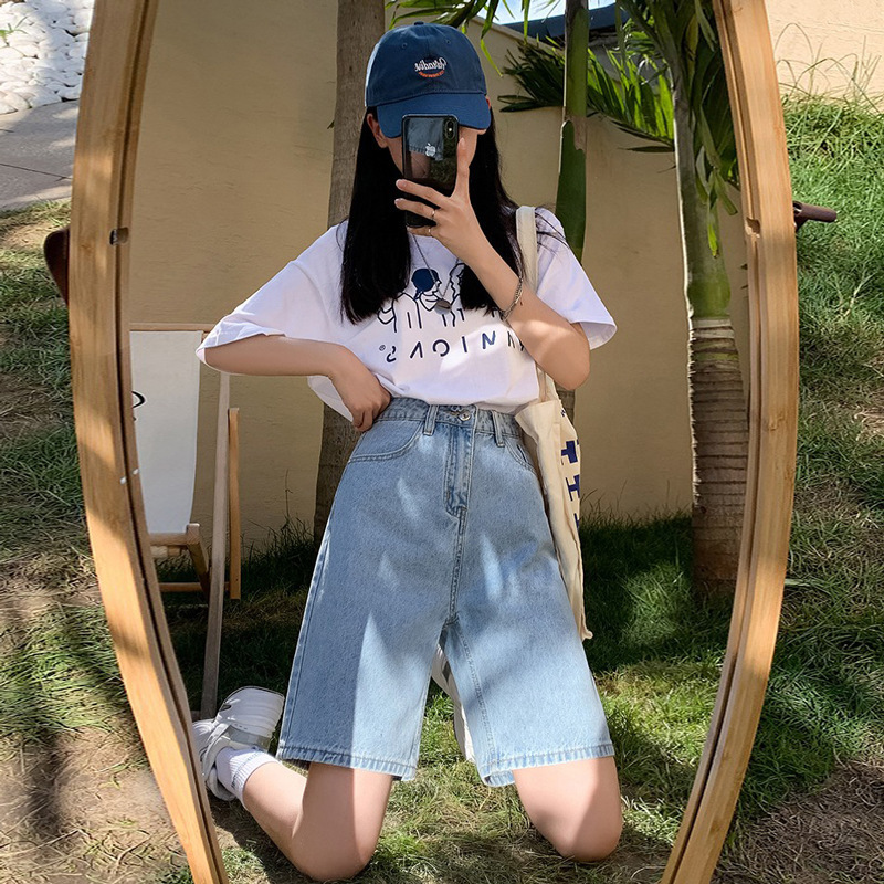 Five Points Denim Shorts Women's Summer Thin 2022 New High Waist Slimming Loose Straight Ride Pants for Children