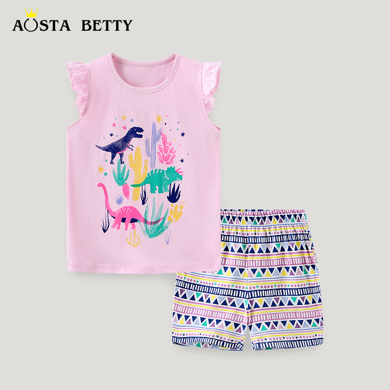 Conjunto de ropa infantil de moda europea y americana para niñas, chaleco de algodón de punto con estampado de dinosaurios de dibujos animados de verano, conjunto de dos piezas de manga corta para niños pequeños