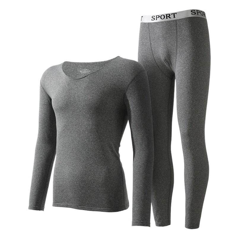 Осенне-зимний мужской бесшовный термокомплект: мужские термобелье с V-образным вырезом, однотонные термокуртки и леггинсы на флисовой подкладке, приятные для кожи базовые слои оптом