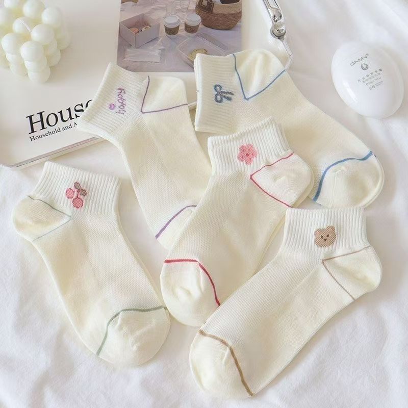 Blanco dibujos animados osos arco calcetines de mujer barril corto de verano delgado in-mode versátil lindos calcetines transpirables