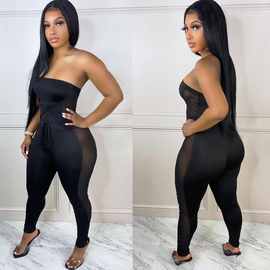 5541欧美跨境时尚性感长裤绑带紧身型网纱拼接透视连体裤女装批发