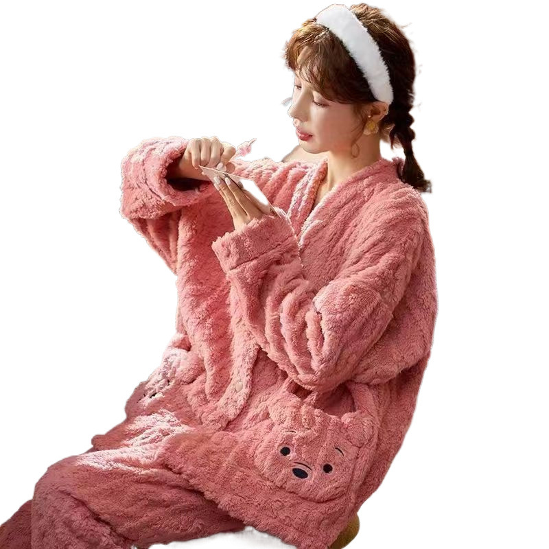 산호 벨벳 파자마 여성의 가을과 겨울 기모 두꺼운 커플 귀여운 외부 착용 새로운 긴팔 홈 세트