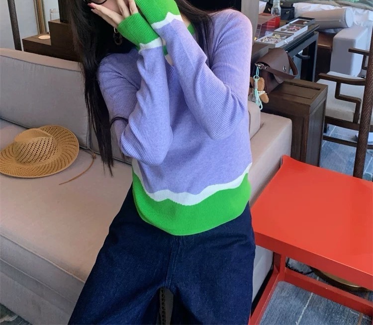 早秋季撞色拼接长袖针织衫女春秋季小众别致减龄洋气紫色2|undefined