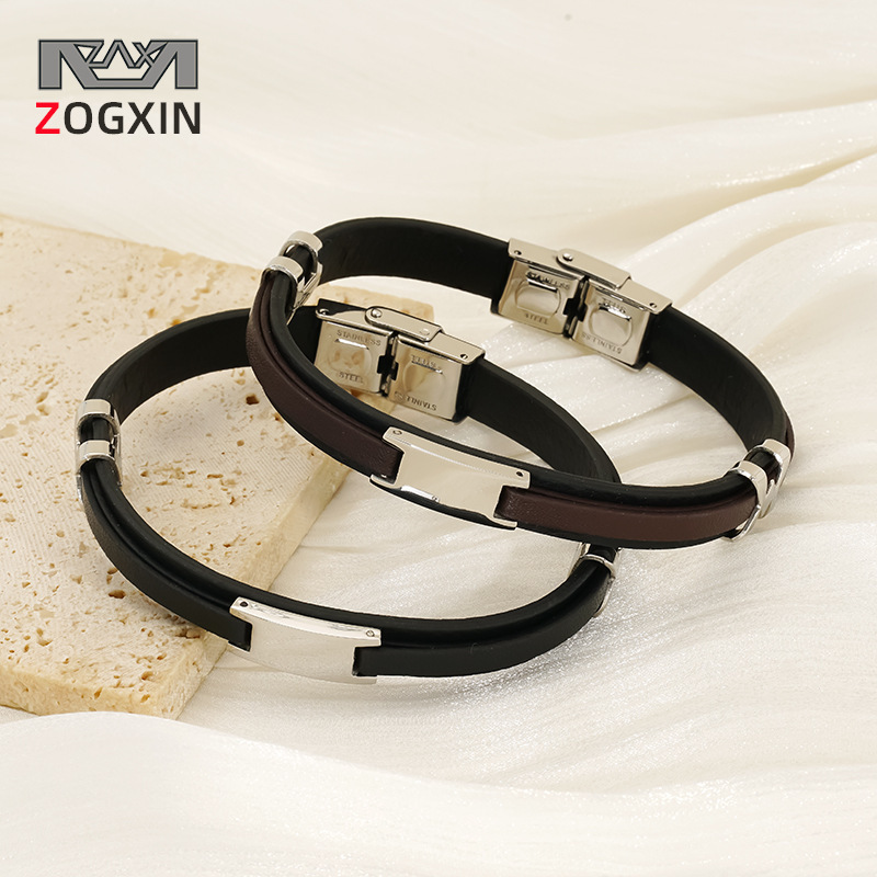 Mujeres y mujeres europeos y estadounidenses pulsera de acero inoxidable de estilo de estilo de cuero de anillo de moda tendencia de personalidad simple color combinado pulsera de acero de titanio doble capa