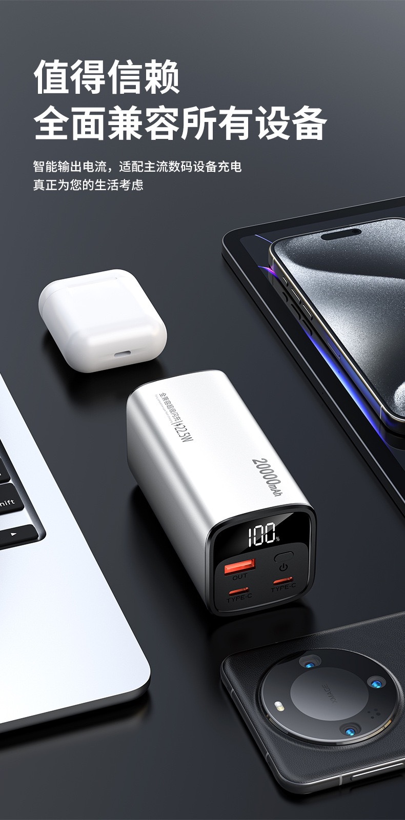 Toptan Çapraz Sınır PD100W Süper Hızlı Şarj Alüminyum 20000mAh Mega Kapasiteli Taşınabilir Şarj Cihazı