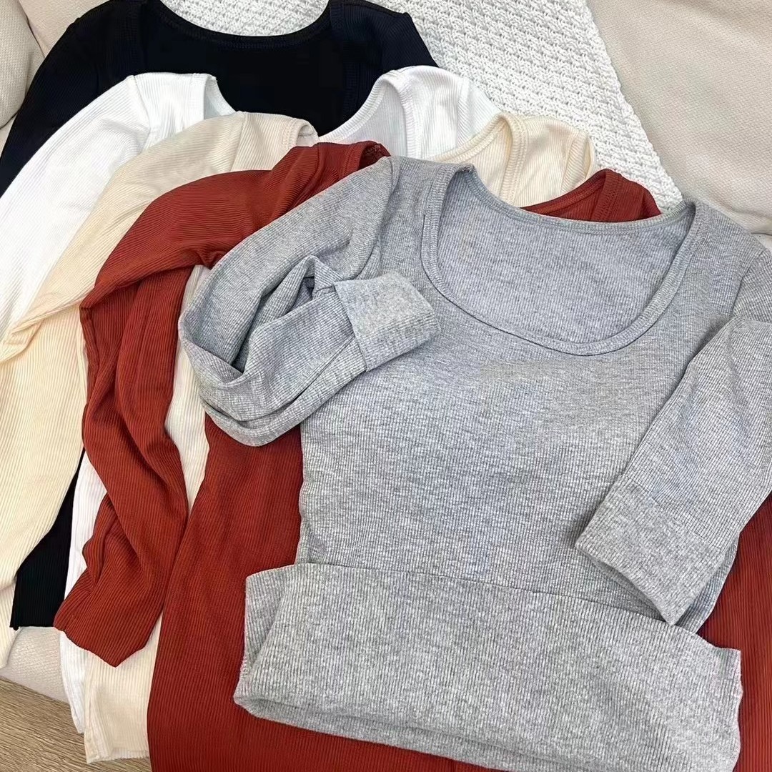 Invierno cepillado cálido cuello cuadrado de manga larga de las mujeres de una sola pieza interior y exterior de desgaste de color sólido camisa de fondo con forro polar con almohadilla en el pecho