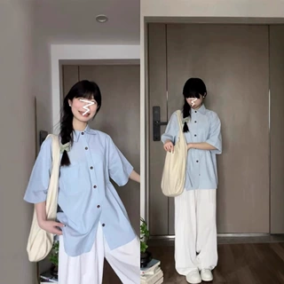 宽松防晒薄衬衣女2024夏季新款设计感百搭慵懒风蓝色条纹短袖衬衫