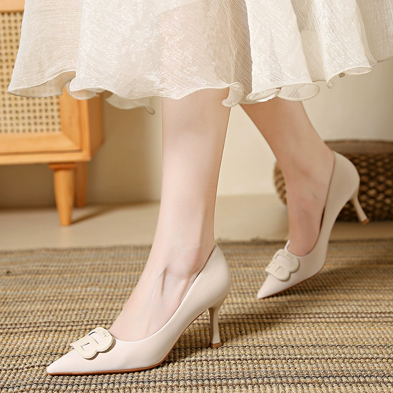Nude metal shoes high heels, footwear, french style, genuine leather, 2025 years