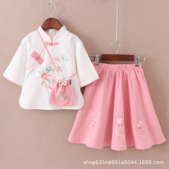 子供の古風の漢服の3セットの2025春夏の中国風の男の子と女の子のショーの服の唐の服のショーの服の卸売り