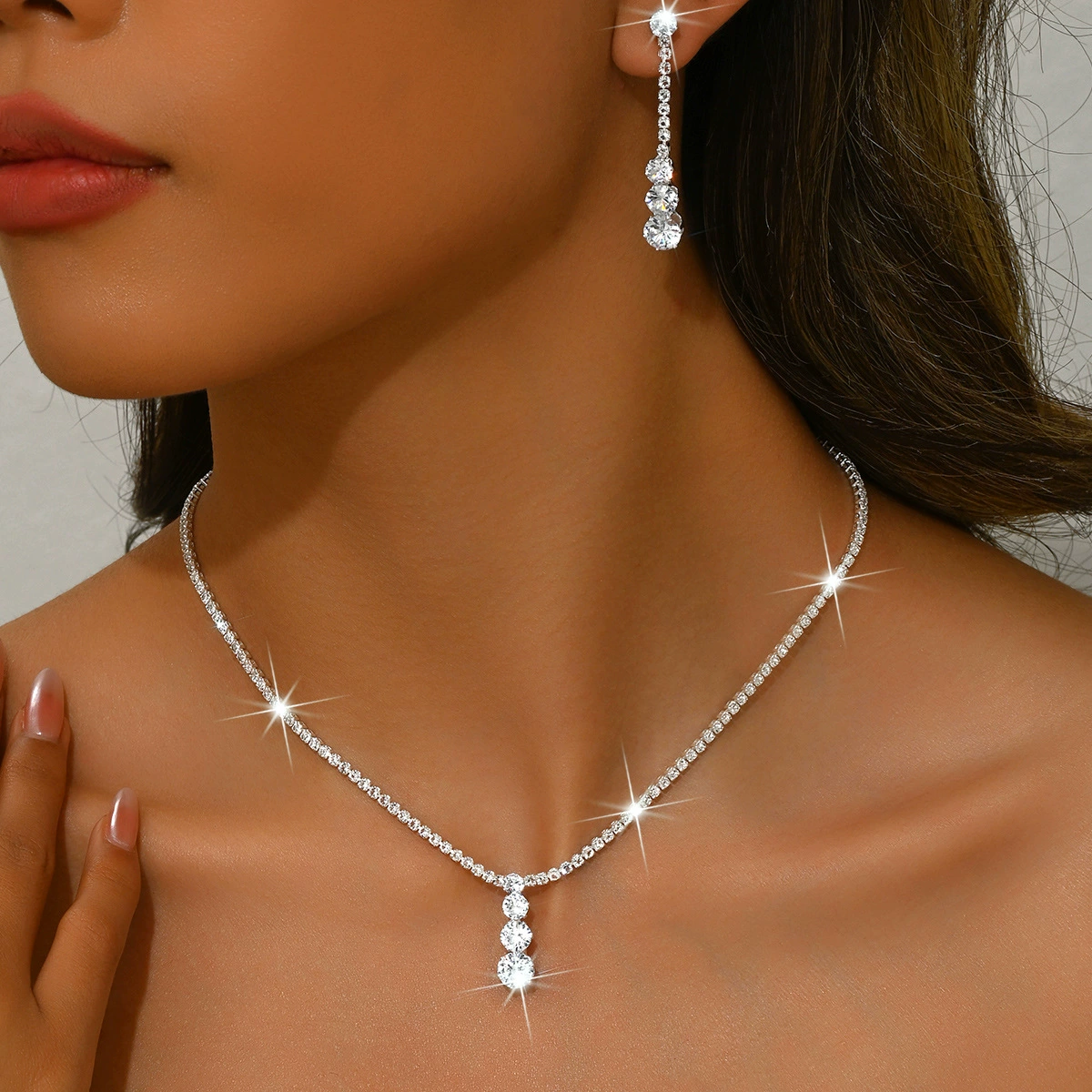 Колье и серьги, серебряный комплект, цирконий, корейское украшение для ногтей, свадебное платье для невесты, новая коллекция