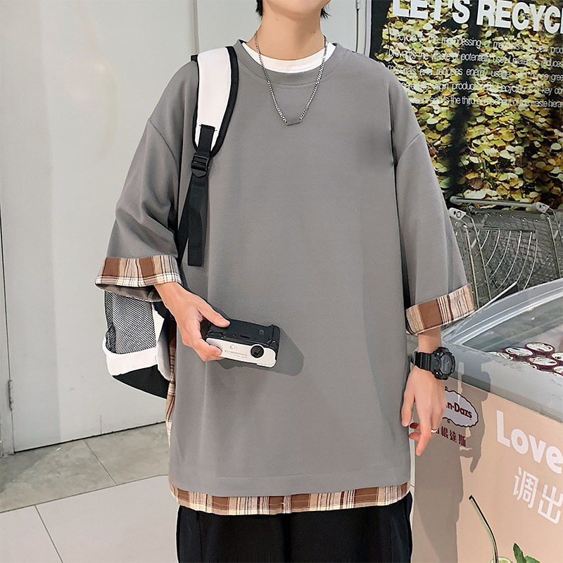 Plaid Stitching Design Sense Niche Seven-point Sleeve T-shirt Men's Summer New Hong Kong Style Tide Brand Ice Silk T-shirt Fashionable Top